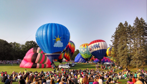 A vibrant scene of colorful hot air balloons at a festival, with a crowd gathered on a grassy field.