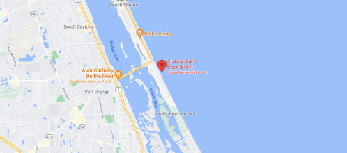 Map showing Crabby Joe's Deck & Grill near the coast, with nearby landmarks like Red Lobster and Aunt Catfish's.