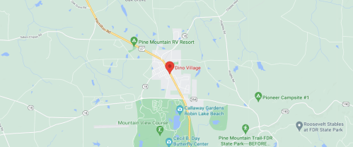 Map showing Dino Village and nearby attractions, including Pine Mountain RV Resort and Callaway Gardens.