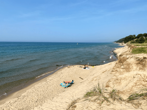 A sandy beach with gentle waves, people relaxing on the shore, and lush greenery in the background under a clear blue sky.