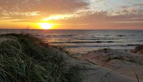 A serene beach scene at sunset, with gentle waves and grass-covered sand dunes in the foreground.