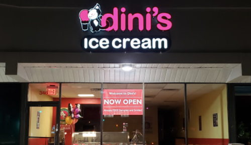 Sign for Dini's Ice Cream shop, featuring bright pink lettering and a welcoming display with balloons and a "Now Open" banner.