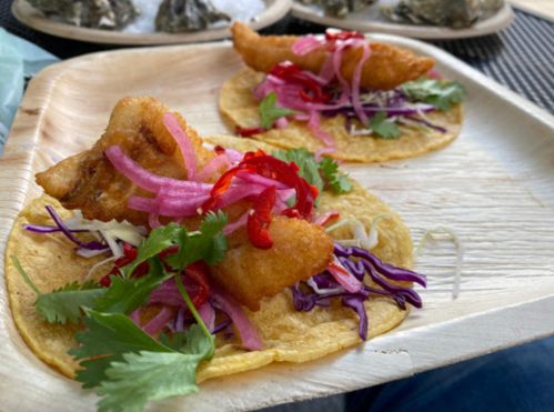 Two crispy fish tacos topped with colorful slaw, pickled onions, and fresh herbs on a wooden plate.