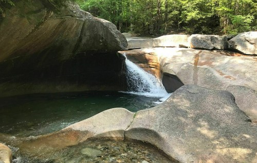 A serene natural scene featuring a small waterfall flowing over smooth rocks into a clear pool, surrounded by lush greenery.