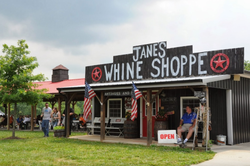 A rustic shop with a sign reading "Jane's Wine Shoppe," featuring American flags and people sitting outside.