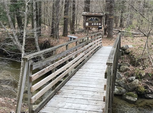 A wooden bridge over a stream, leading to a sign in a forested area with trees and fallen leaves.