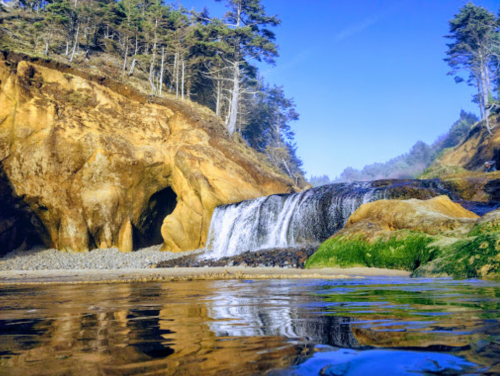 A serene waterfall cascades over rocks, surrounded by lush greenery and a clear blue sky, reflecting in calm water below.