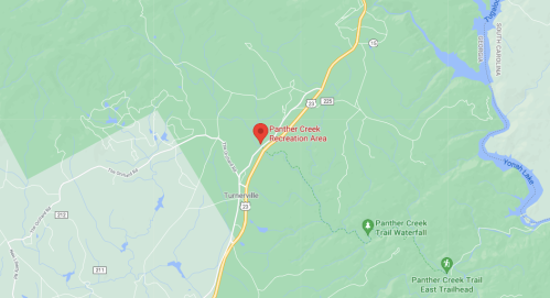 Map showing the Panther Creek Recreation Area near Turnerville, with marked trails and nearby roads.