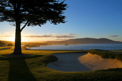 A serene sunset over a golf course, with a tree silhouette and a sandy bunker near the water's edge.