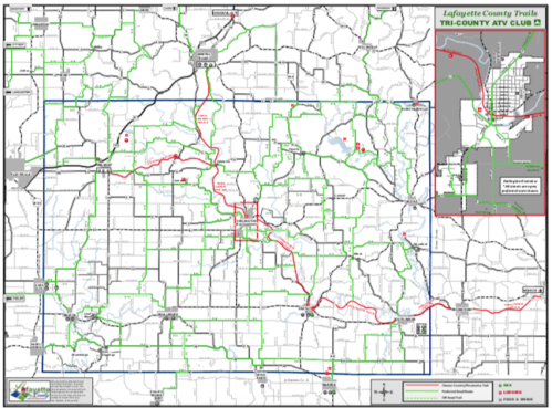 Map of Lafayette County trails for the Tri-County ATV Club, featuring routes and key locations.
