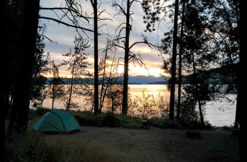 A green tent by a lake at sunset, surrounded by trees and mountains in the background.