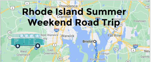Map of Rhode Island highlighting a summer weekend road trip route from Point Judith to Bristol, with key stops marked.