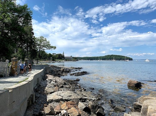 A scenic waterfront view with rocky shore, trees, and people walking along a path under a blue sky with clouds.
