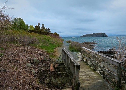 A wooden bridge leads to a coastal path, with a view of an island and overcast skies in the background.