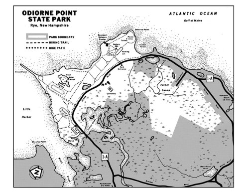 Map of Odiorne Point State Park in Rye, New Hampshire, showing park boundaries, hiking trails, and bike paths.