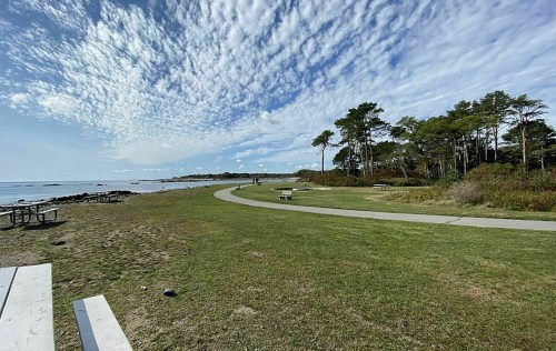 A scenic coastal park with a winding path, picnic tables, and a cloudy sky over the water.