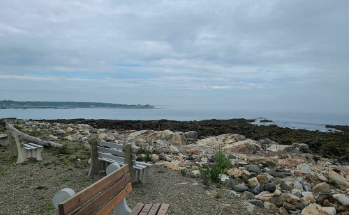 A rocky shoreline with benches overlooking a calm sea under a cloudy sky.