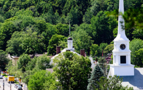 A scenic view of a town with a church steeple and clock tower, surrounded by lush green trees.