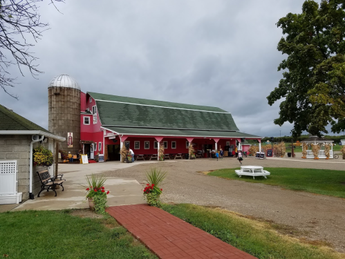 A red barn with a silo, surrounded by greenery and a gravel path, under a cloudy sky.