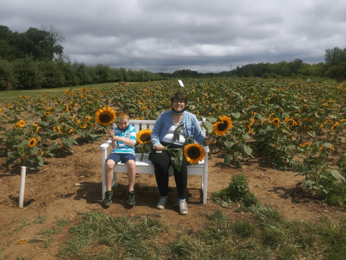 A child and an adult sit on a bench in a sunflower field, each holding sunflowers, with cloudy skies above.