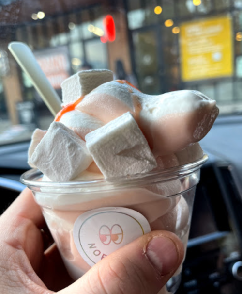A hand holding a cup of soft serve ice cream topped with marshmallows and a drizzle of sauce, with a shop in the background.