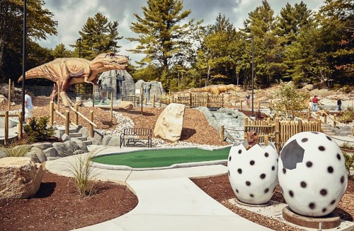 A mini-golf course featuring a large dinosaur statue, rocky terrain, and dinosaur egg decorations.