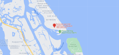 Map showing the location of Ponce de Leon Inlet Lighthouse & Museum in Ponce Inlet, Florida, near the coast.
