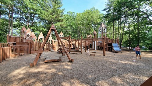A spacious playground with wooden structures, swings, and slides, surrounded by trees on a sunny day.