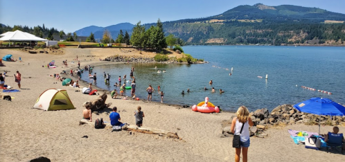 A sandy beach scene with people swimming, sunbathing, and relaxing near a lake, surrounded by mountains and trees.