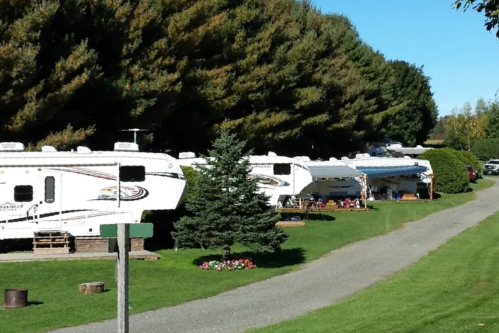 A row of RVs parked along a grassy path, surrounded by trees and flowers under a clear blue sky.