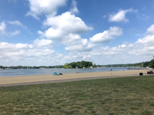 A serene beach scene with a sandy shore, calm water, and fluffy clouds in a blue sky. People enjoy the outdoors.