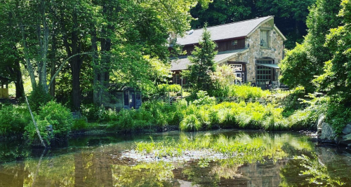 A rustic stone house surrounded by lush greenery, reflecting in a calm pond under bright sunlight.