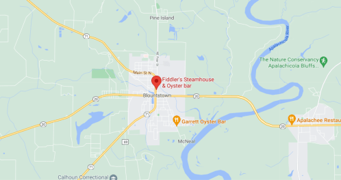Map showing Blountstown, Florida, with markers for Fiddler's Steamhouse & Oyster Bar and nearby locations.