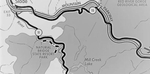 Map showing the Red River Gorge area, highlighting Natural Bridge State Resort Park, Mill Creek Lake, and nearby roads.