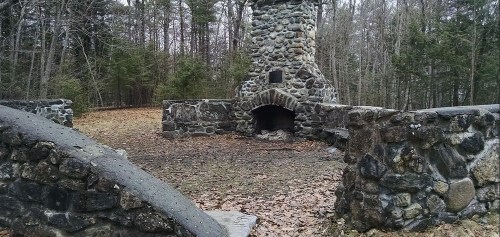 Stone fireplace ruins surrounded by trees and fallen leaves in a wooded area.