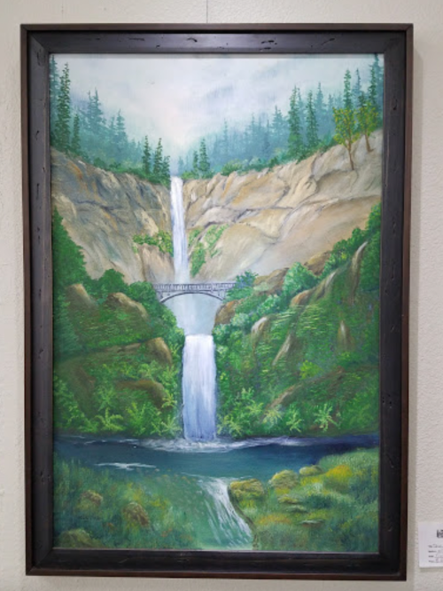 A serene landscape painting of a waterfall cascading between rocky cliffs, surrounded by lush greenery and trees.