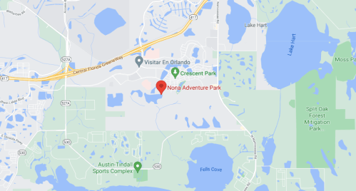 Map showing Nona Adventure Park in Orlando, Florida, with nearby parks and roads marked.