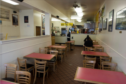 A quiet diner with empty tables and chairs, featuring a counter and kitchen area in the background.