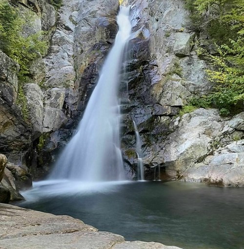 A serene waterfall cascading down rocky cliffs into a tranquil pool surrounded by lush greenery.