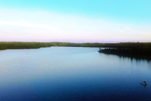 A serene lake surrounded by trees under a clear blue sky, with a small boat visible on the water.