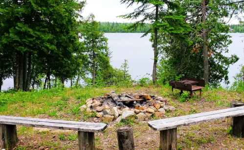 A serene lakeside campsite with a stone fire pit, wooden benches, and lush greenery surrounding the calm water.