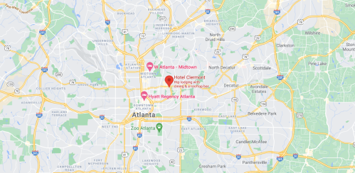 Map of Atlanta highlighting Hotel Clermont's location with nearby landmarks and streets.