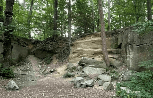 A rocky path leads through a dense forest with large boulders and steep, moss-covered cliffs.