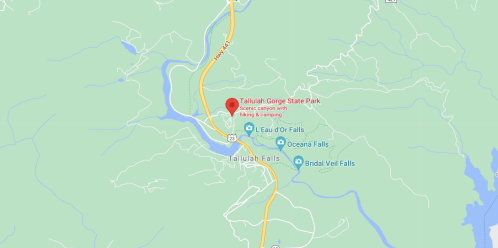 Map showing Tallulah Gorge State Park, highlighting scenic camping, hiking, and nearby waterfalls.