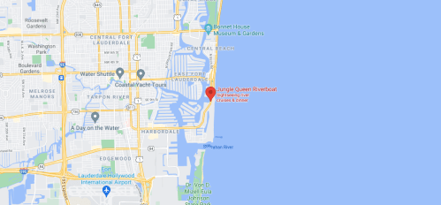Map showing the location of the Jungle Queen Riverboat near Fort Lauderdale, Florida, along the Intracoastal Waterway.