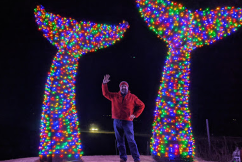 A man in a red sweater waves beside two large, brightly lit whale tail sculptures at night.