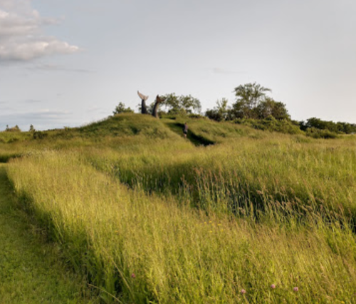 A grassy landscape with a hill featuring two large sculptures, surrounded by tall grass and trees under a clear sky.