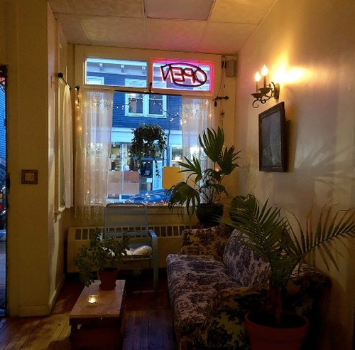 Cozy interior with a "OPEN" sign, plants, and a patterned couch, creating a welcoming atmosphere.