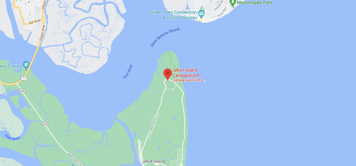 Map showing Jekyll Island Campground location near the coast, with surrounding water and park areas.