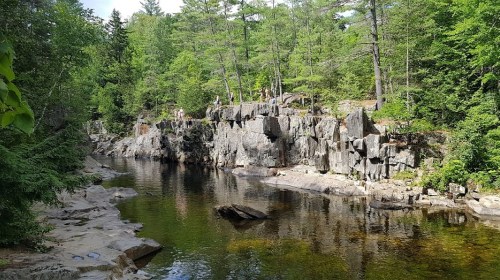 A serene river flows through rocky terrain, surrounded by lush green trees and people exploring the rocky ledge above.